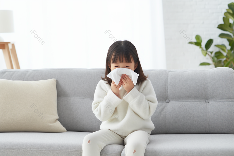 一个坐在沙发上面的小女孩正在拿纸巾擦脸蛋,高清,摄影图,摄影图片,图片大全,摄影图免费下载